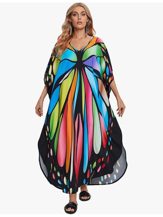 Other - Colorful Butterfly Caftan Maxi Swim Cover Up One Size M–2XL